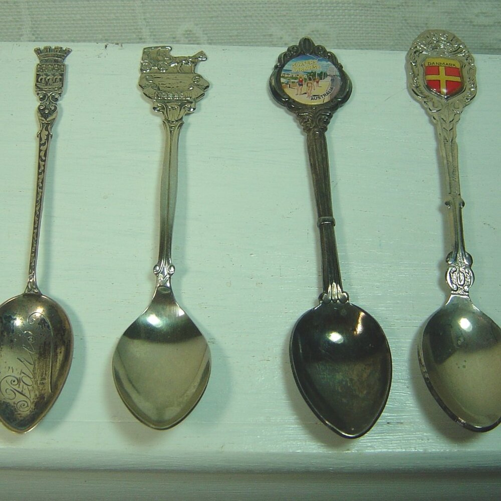 4 souvenir spoons-Paris, Nassau, Australia & Denmark